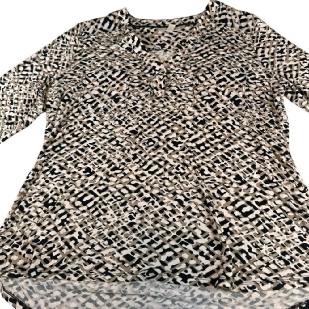 Dana Buchman Tan Black White V-neck 3/4 Sleeve Soft Flowy Tunic Blouse XL